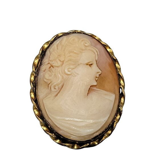 Marbro Carved Cameo 12kgf Brooch Pendant Vintage Curly Hair Pink White Shell - Picture 2 of 8